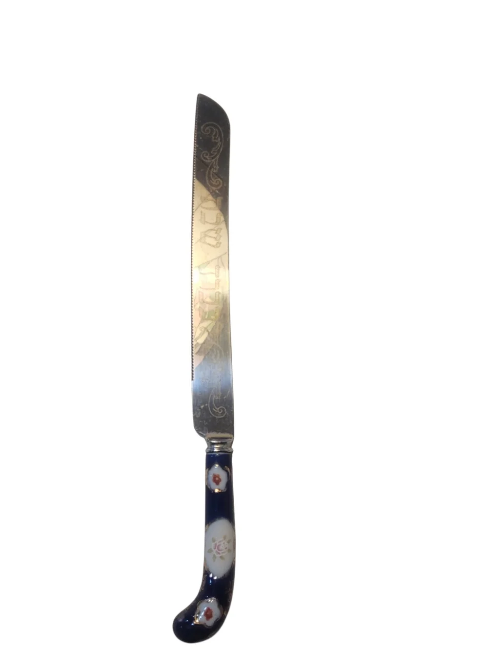 Vintage Decorative Porcelain Blue Handle Bread Knife with Floral Inlay
